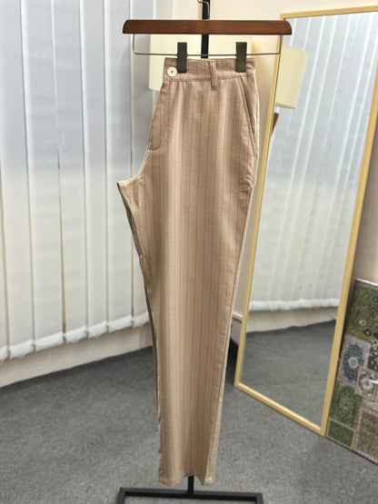 Straight Cut Formal Pants | Beige Pinstripe
