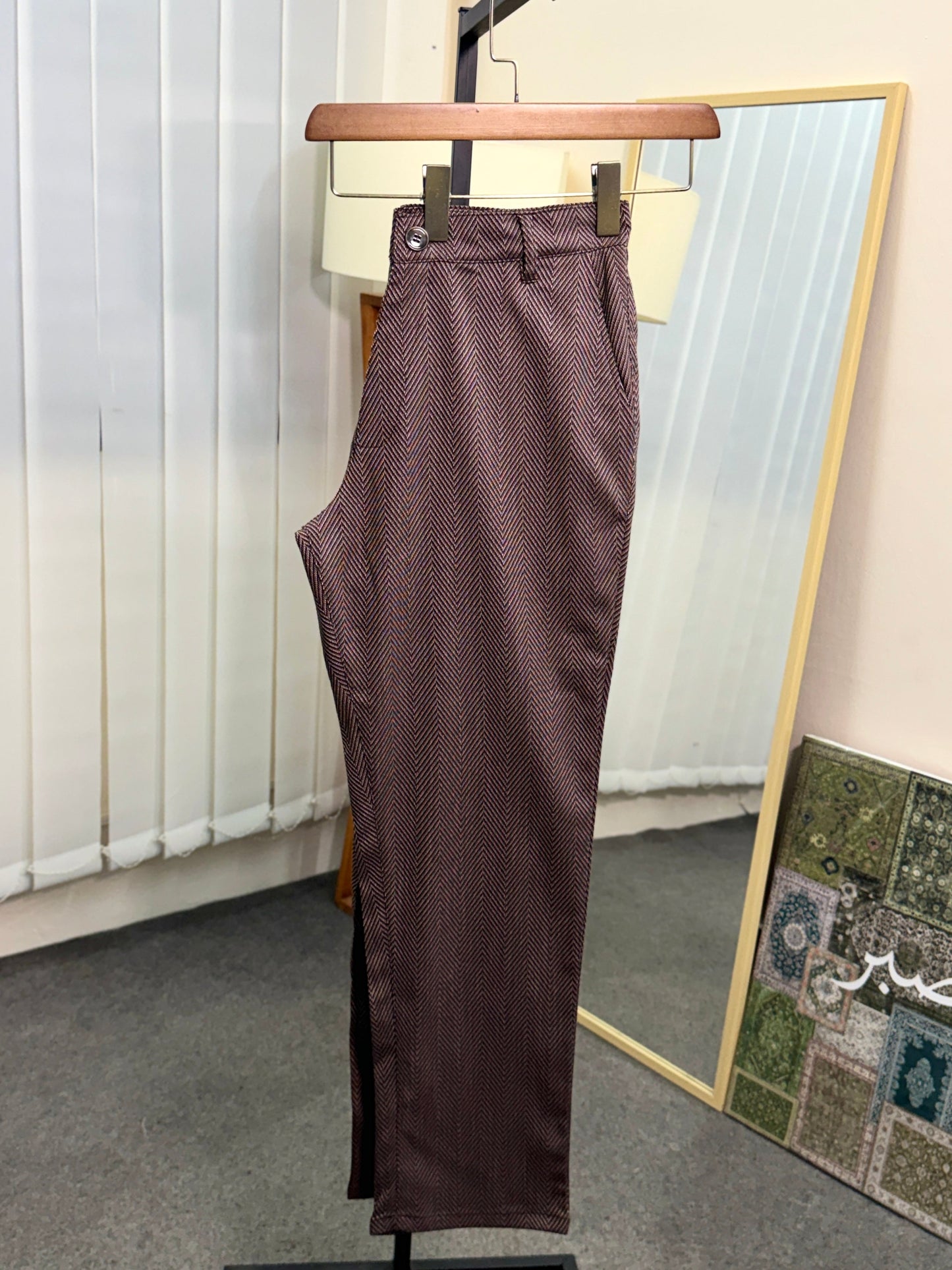 Straight Cut Formal Pants | Brown Herringbone