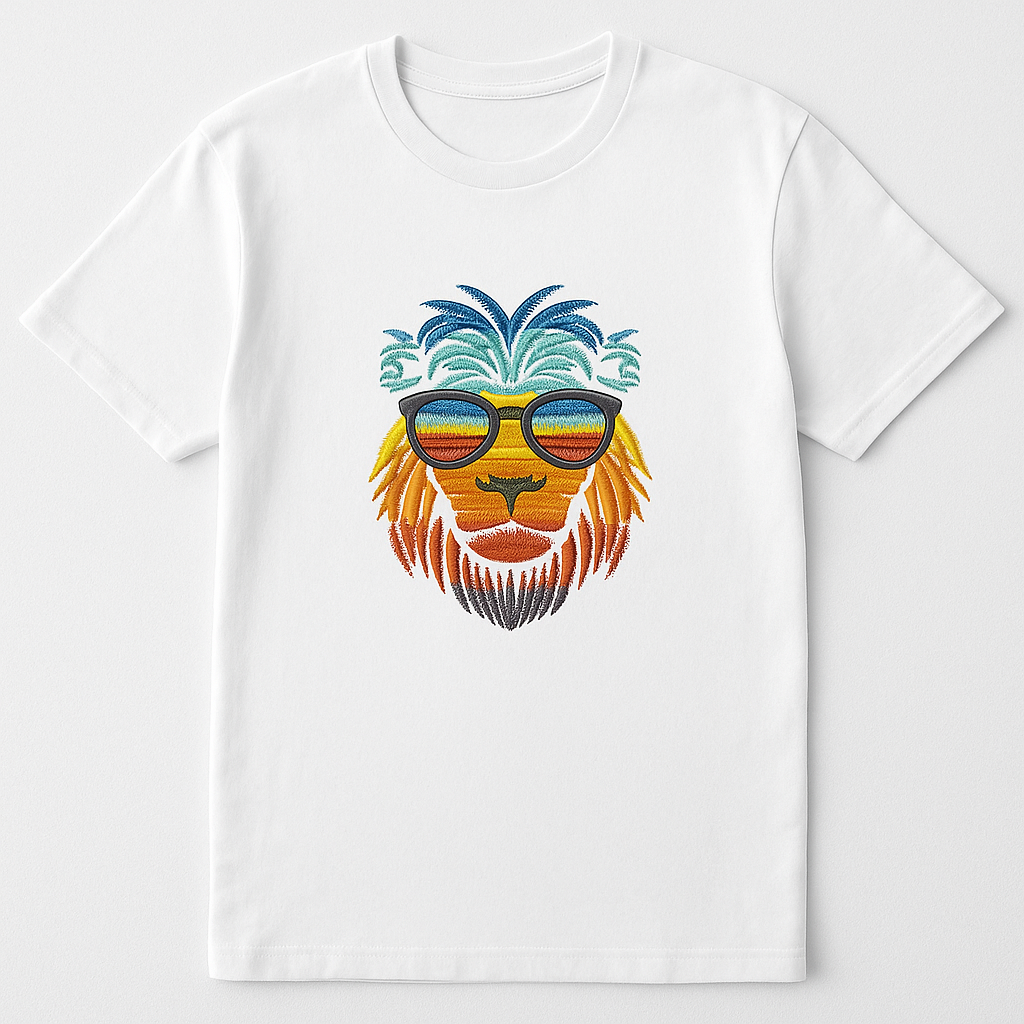 White t-shirt with a colorful lion graphic wearing sunglasses on a white background