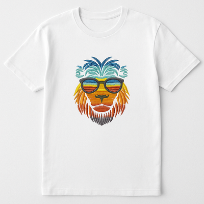 White t-shirt with a colorful lion graphic wearing sunglasses on a white background
