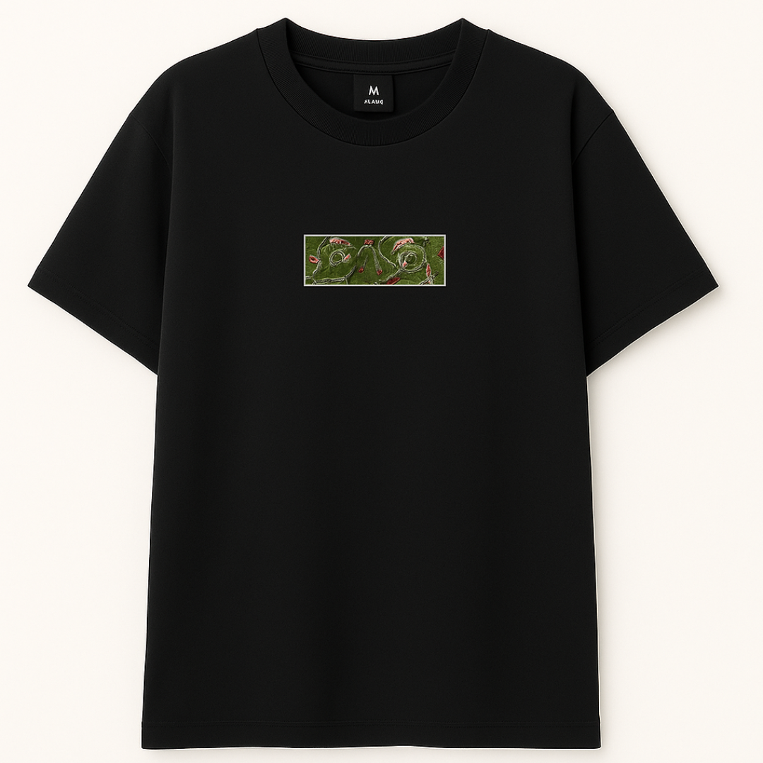 Embroidery  Drop Shoulder  T Shirt  - Lotus Pond