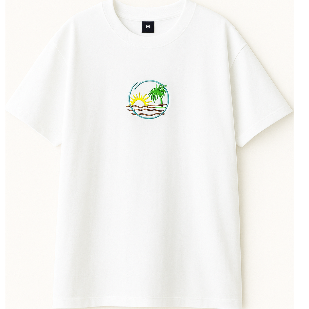 Embroidery  Drop Shoulder  T Shirt - Island