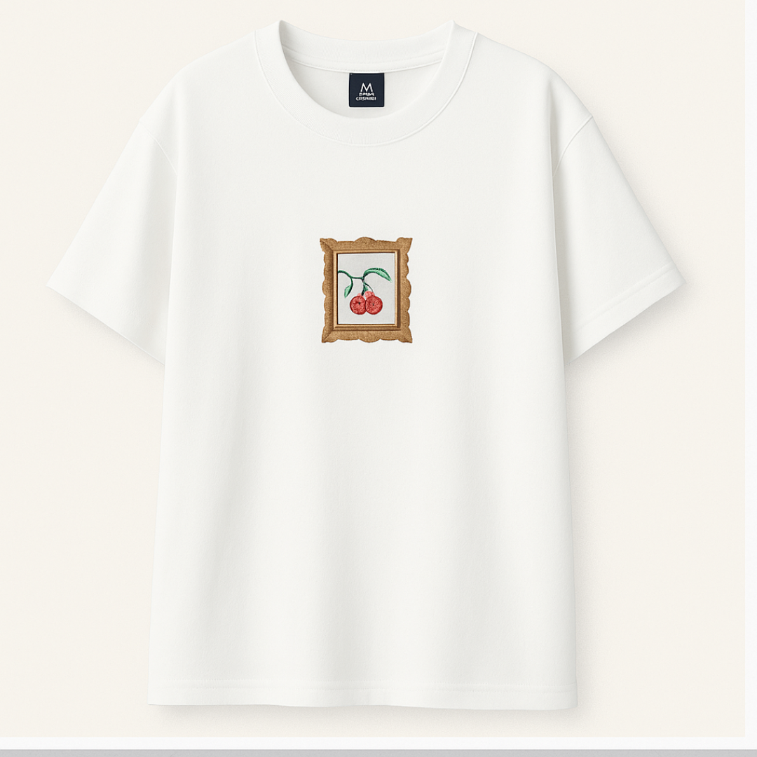 Embroidery  Drop Shoulder  T Shirt - Cherry Drop