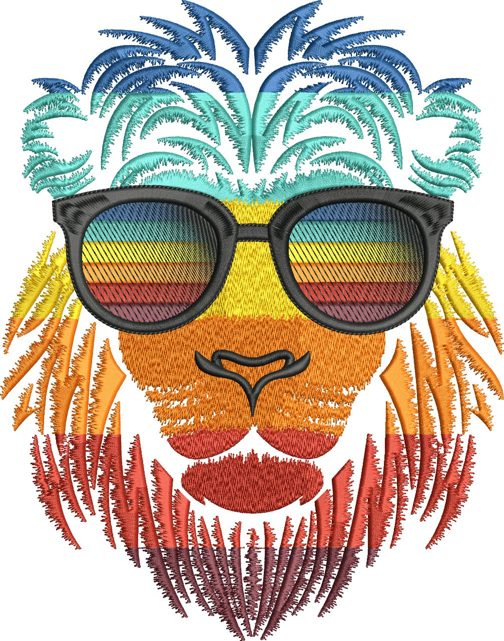 Embroidered design of a lion with colorful hair and sunglasses on a white background