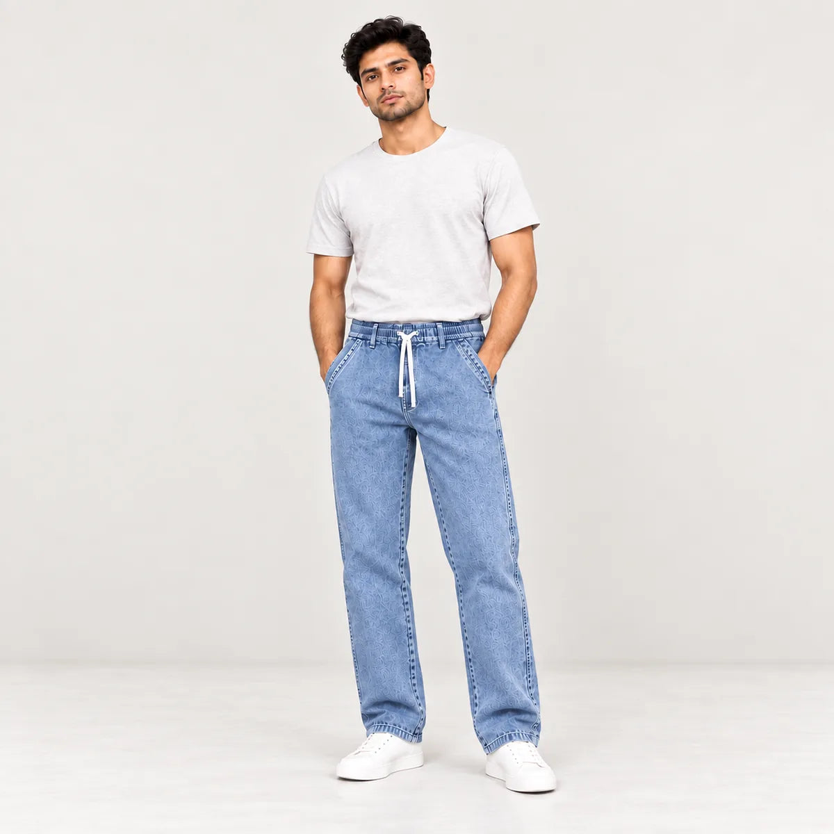 ZUQO denim joggers on model, Washed Blue
