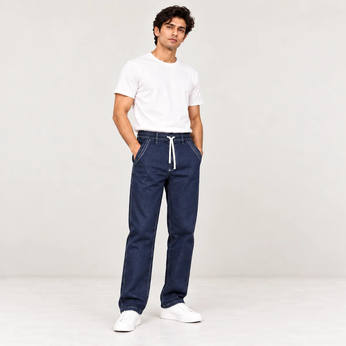 ZUQO denim joggers on model, Dark Indigo