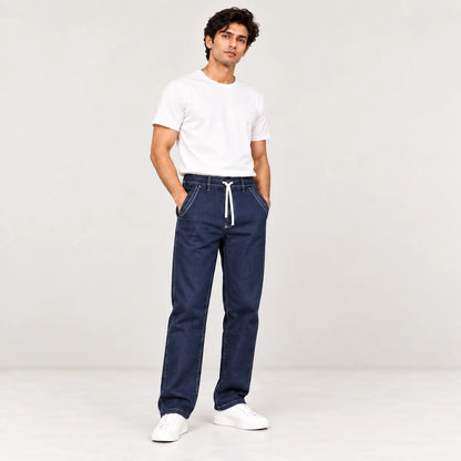 ZUQO denim joggers on model, Dark Indigo