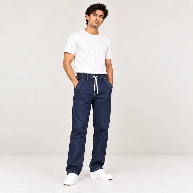 ZUQO denim joggers on model, Dark Indigo