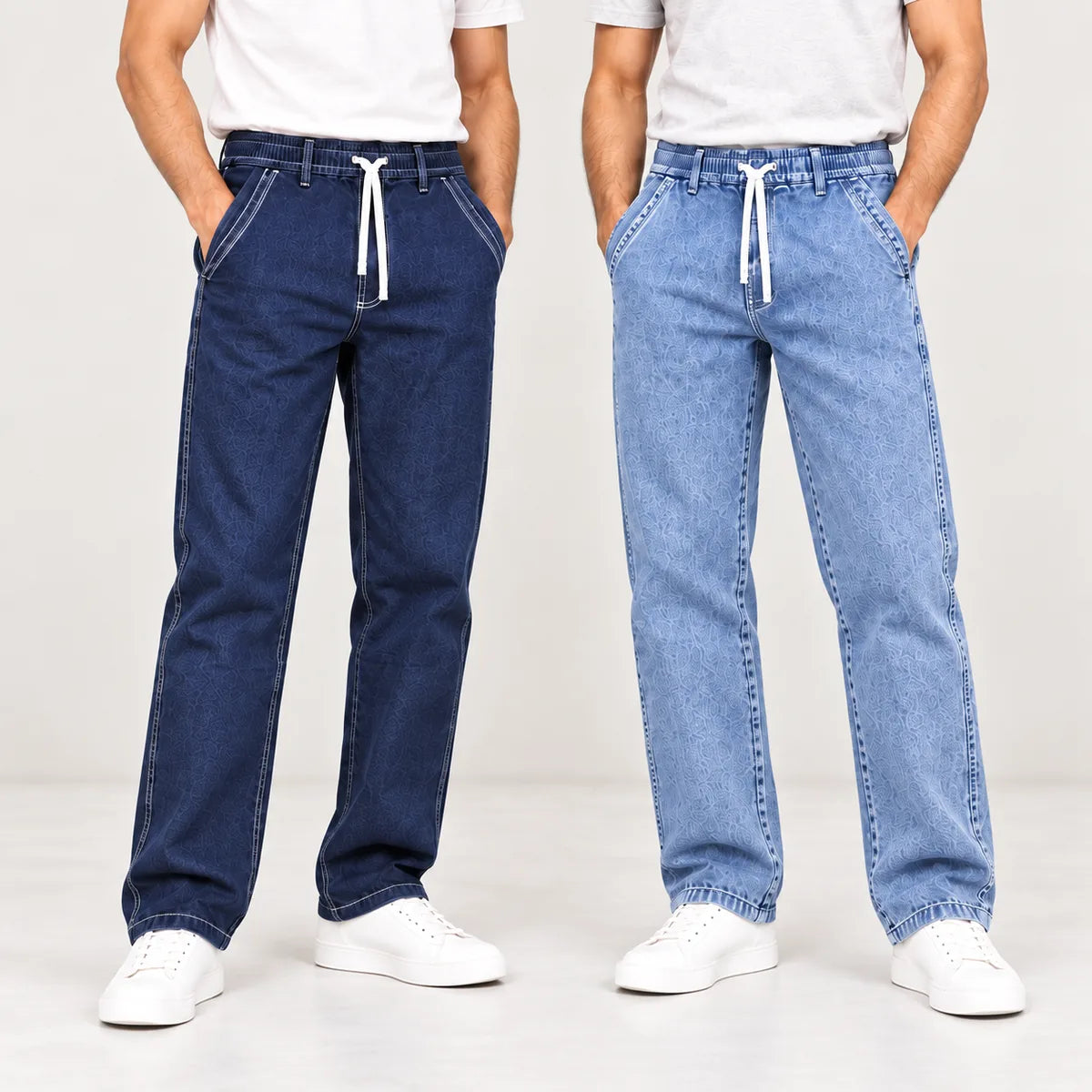 ZUQO The Blue Duo denim joggers two-piece combo, Dark Indigo and Washed Blue, waist-to-shoes view