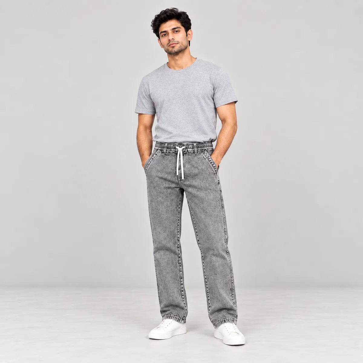 ZUQO denim joggers on model, Washed Grey