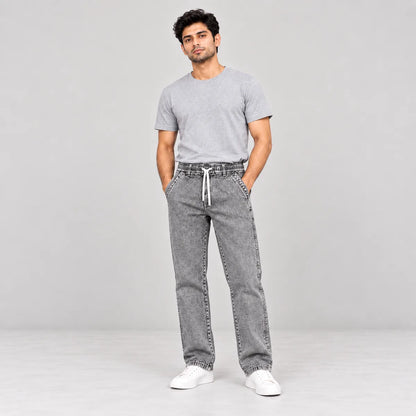ZUQO denim joggers on model, Washed Grey