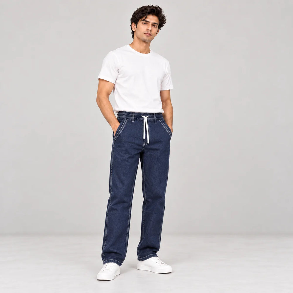 ZUQO denim joggers on model, Dark Indigo