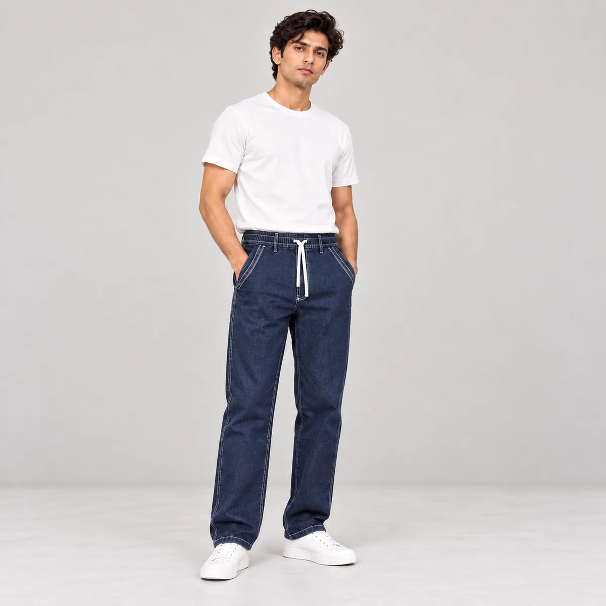 ZUQO denim joggers on model, Dark Indigo