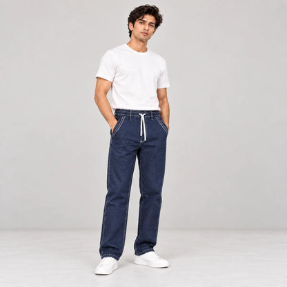 ZUQO denim joggers on model, Dark Indigo