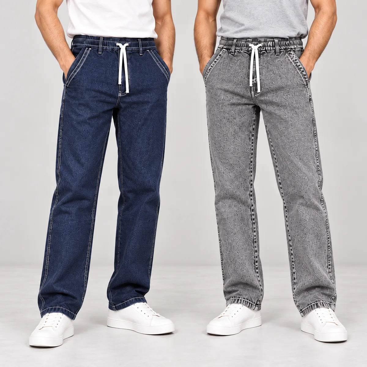 ZUQO The City Duo denim joggers two-piece combo, Dark Indigo and Washed Grey, waist-to-shoes view