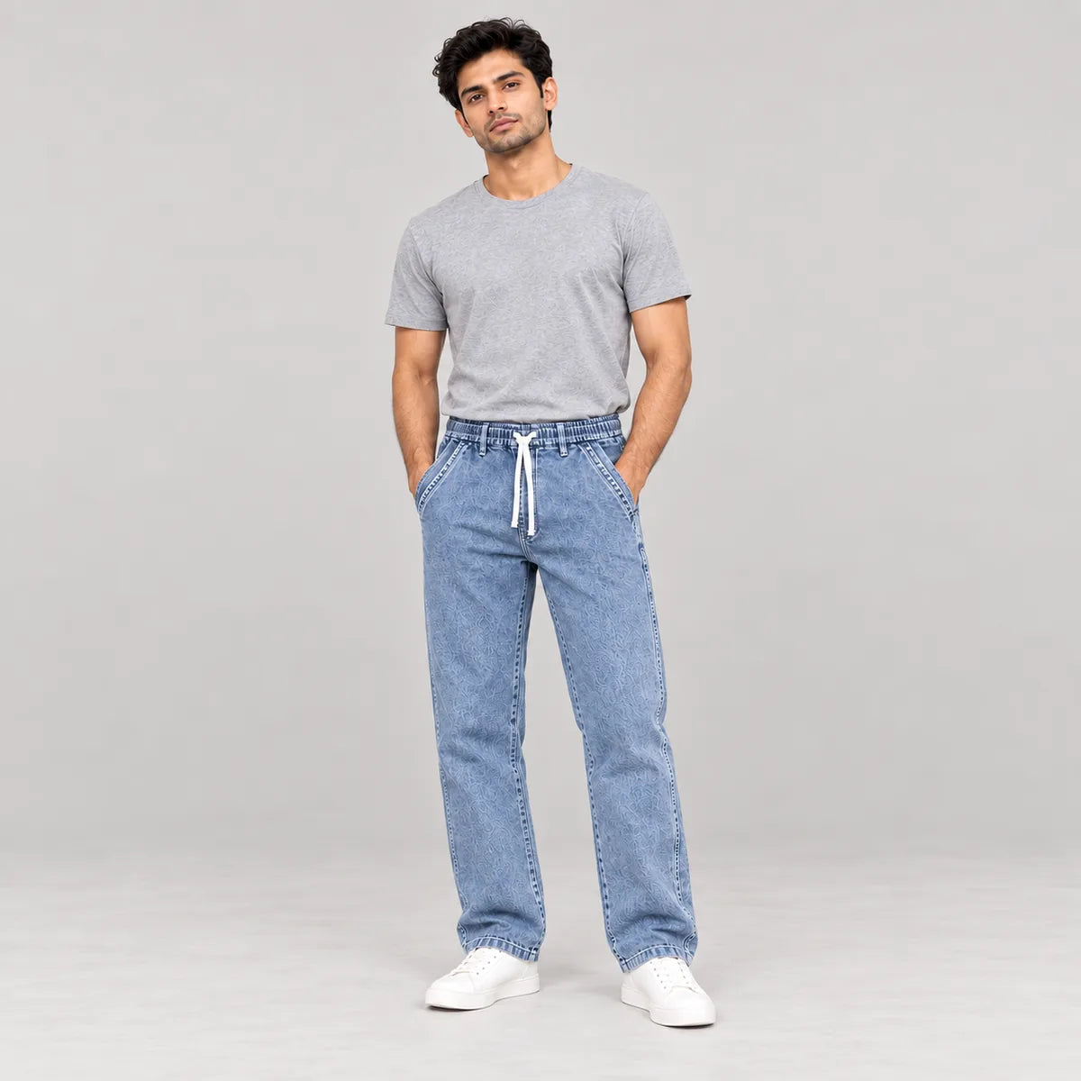 ZUQO denim joggers on model, Washed Blue