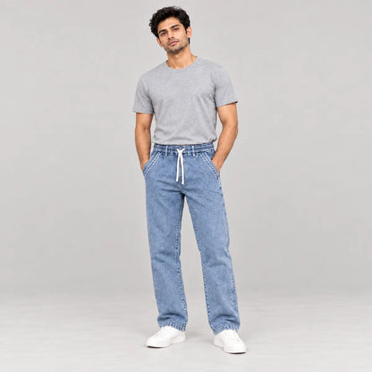 ZUQO denim joggers on model, Washed Blue