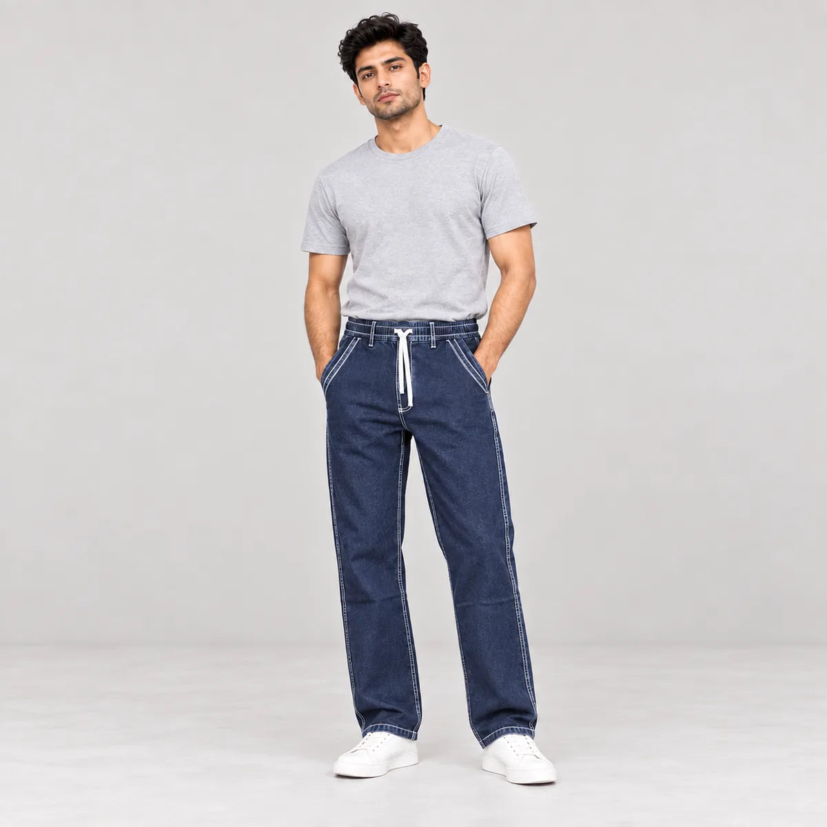 ZUQO denim joggers on model, Dark Indigo