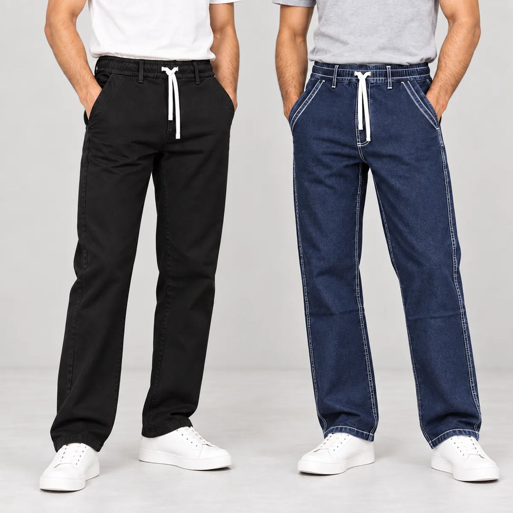 ZUQO The Everyday Duo denim joggers two-piece combo, Classic Black and Dark Indigo, waist-to-shoes view