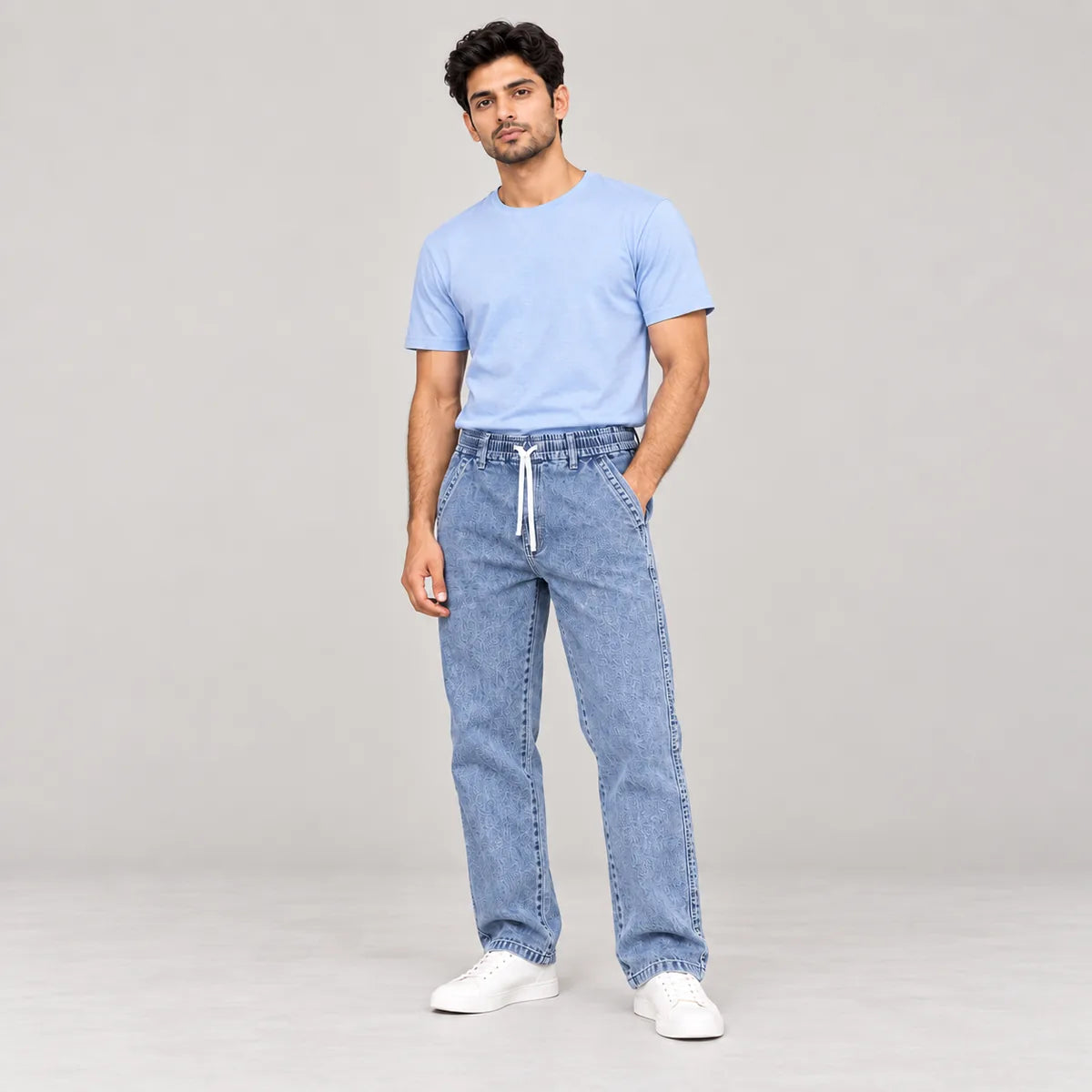 ZUQO denim joggers on model, Washed Blue