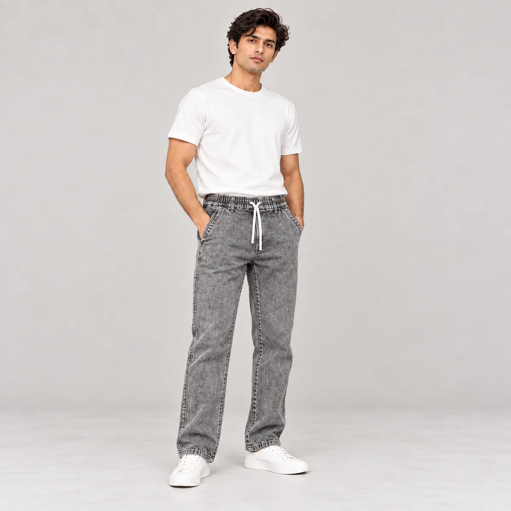 ZUQO denim joggers on model, Washed Grey