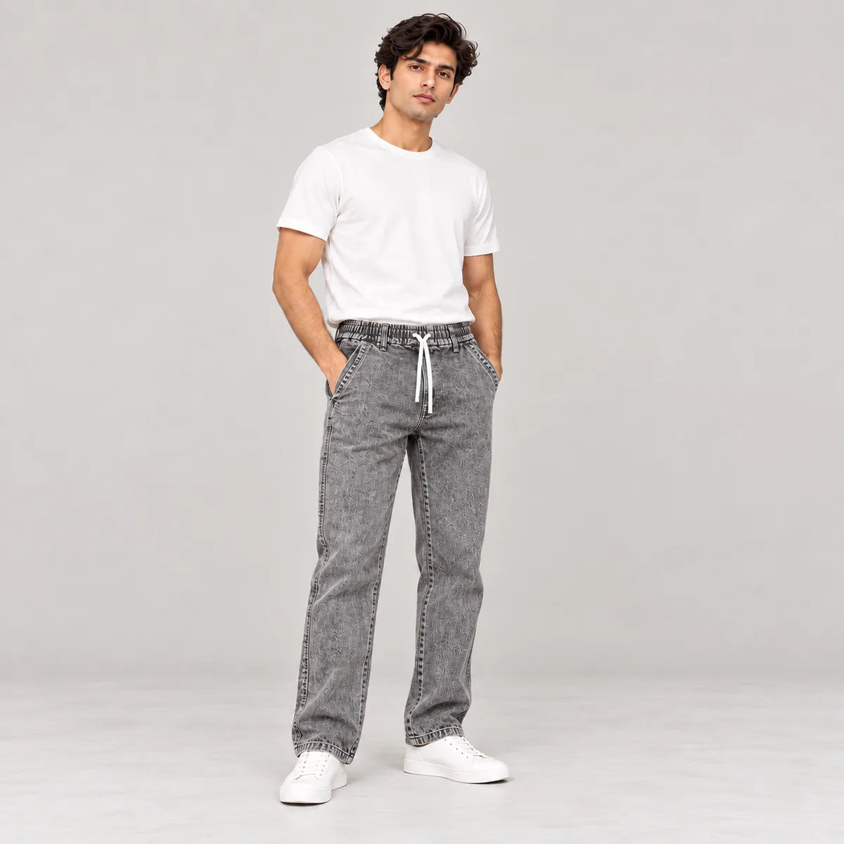 ZUQO denim joggers on model, Washed Grey