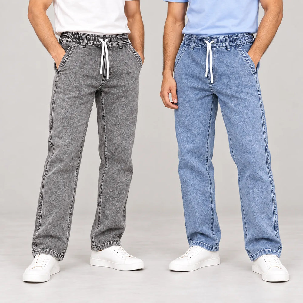 ZUQO The Washed Edit denim joggers two-piece combo, Washed Grey and Washed Blue, waist-to-shoes view