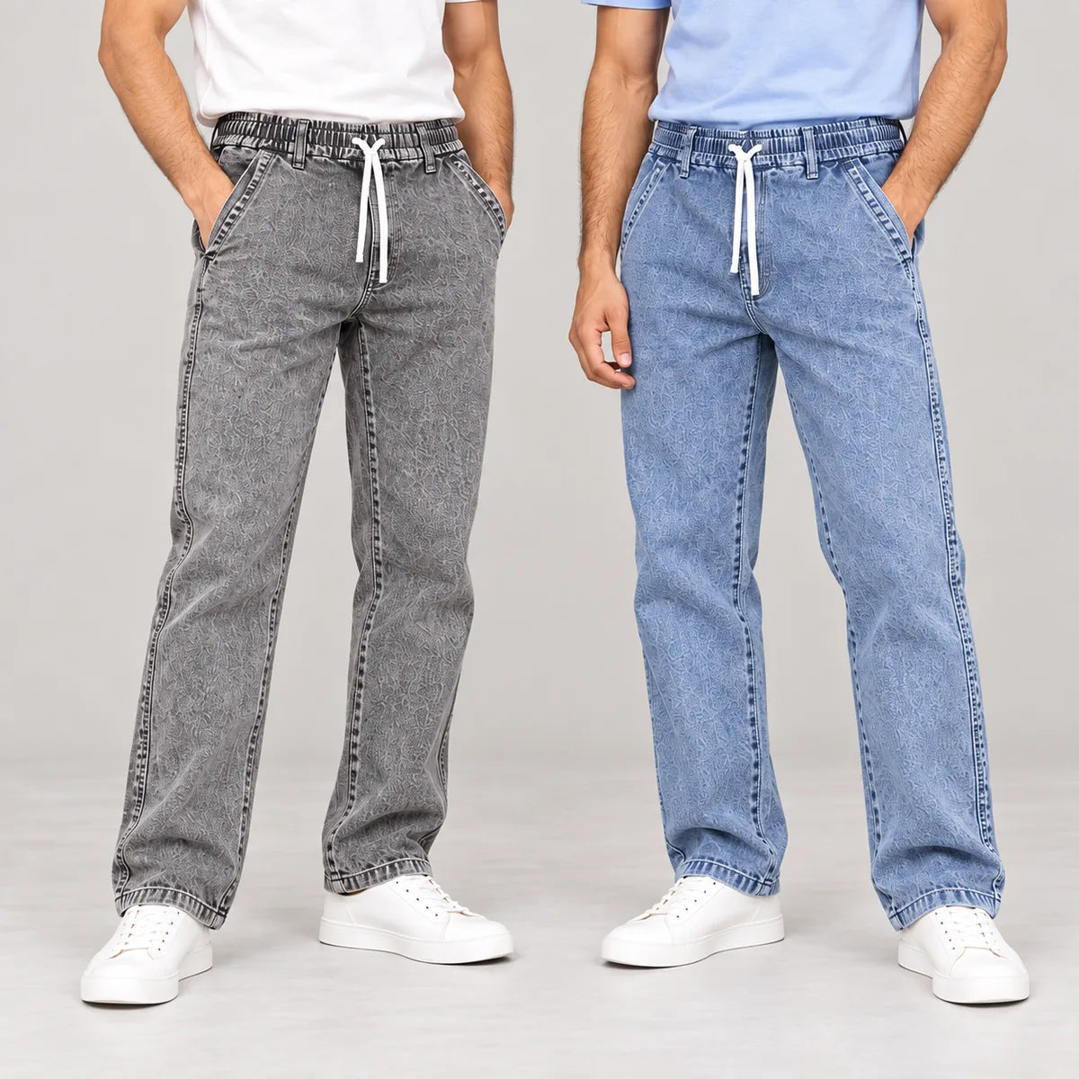 ZUQO The Washed Edit denim joggers two-piece combo, Washed Grey and Washed Blue, waist-to-shoes view