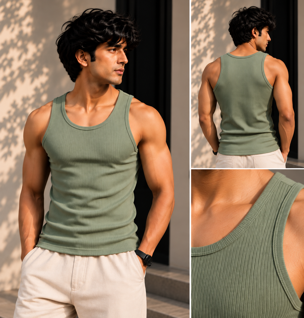ZUQO Ribbed Tank Top Sage Green - front, back and ribbed fabric detail