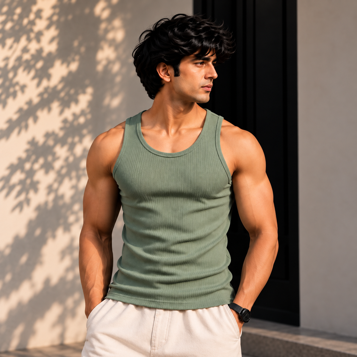 ZUQO Ribbed Tank Top Sage Green - single model natural proportion