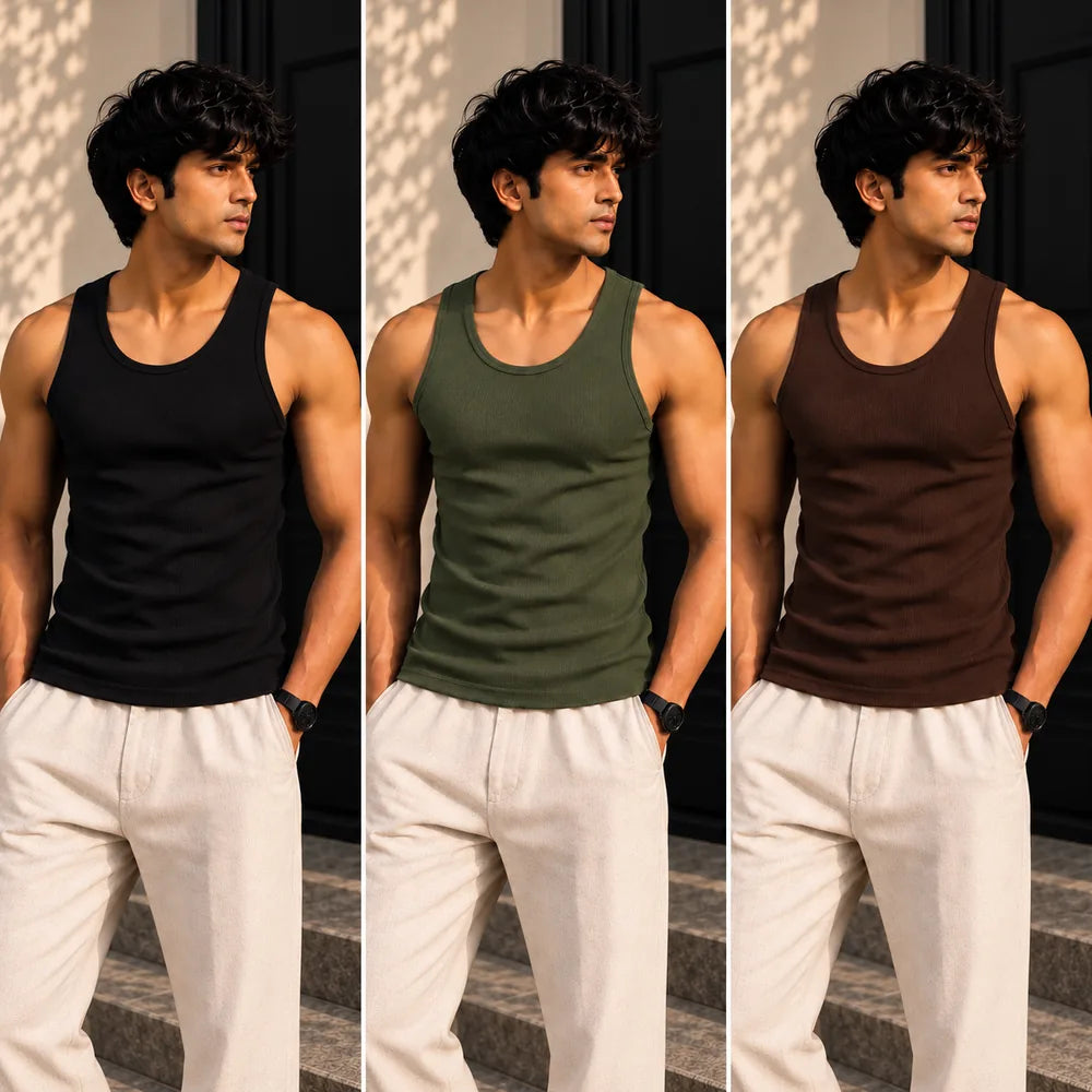 Earth tank top 3-pack on model: black, olive, coffee
