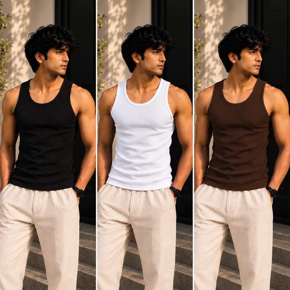 Classic tank top 3-pack on model: black, white, coffee