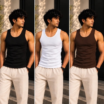 Classic tank top 3-pack on model: black, white, coffee