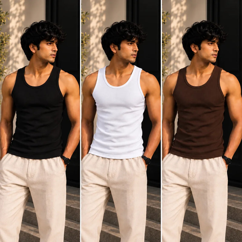 Classic tank top 3-pack on model: black, white, coffee
