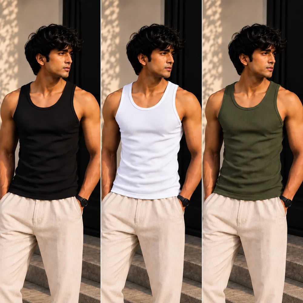 Essential tank top 3-pack on model: black, white, olive