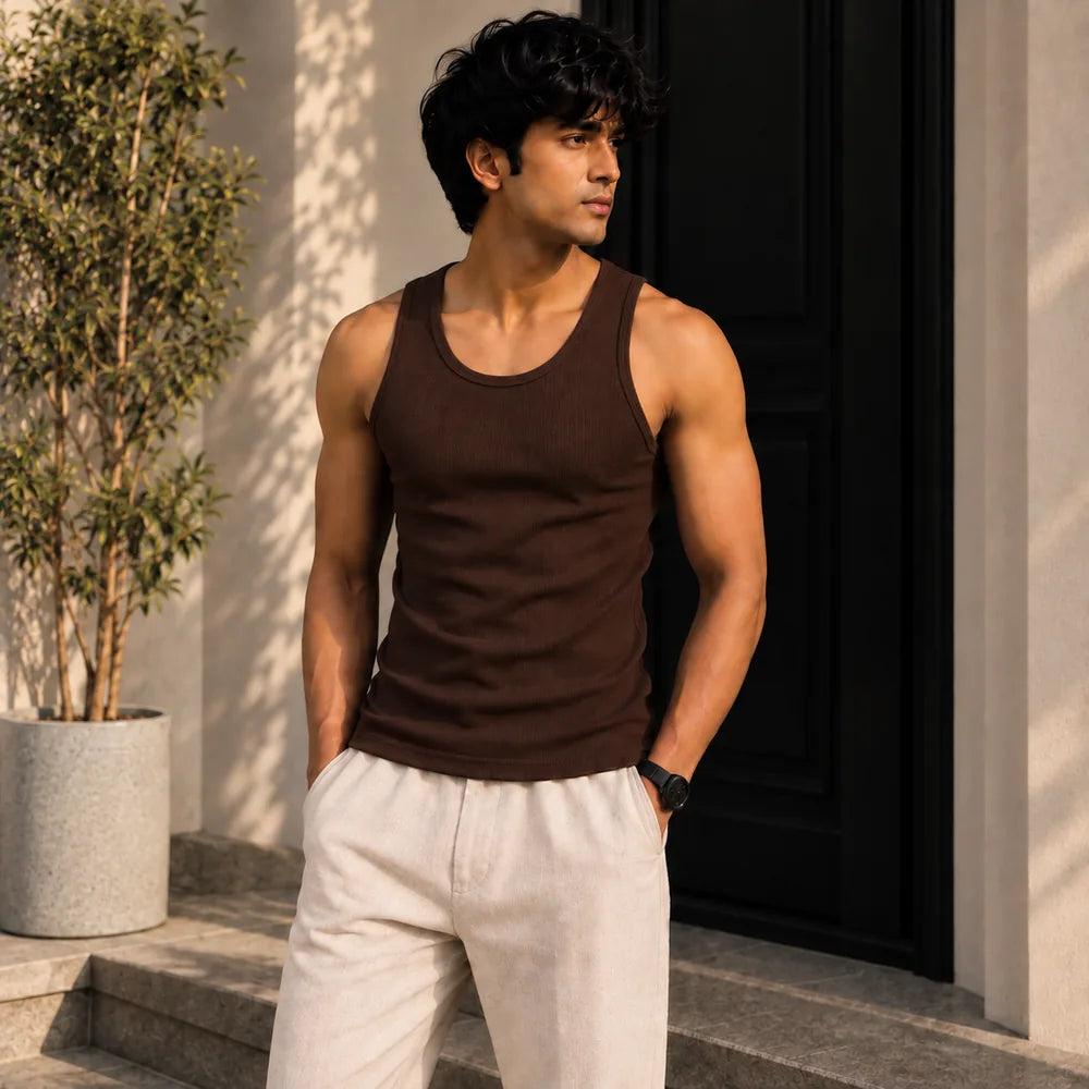 coffee ribbed tank top on model