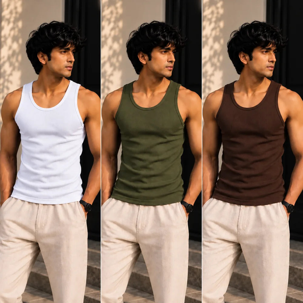 Nature tank top 3-pack on model: white, olive, coffee